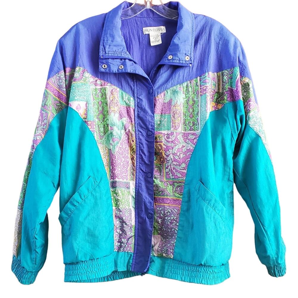 VTG Sunterra Windbreaker Jacket Womens L Totally 80s Block Muliti Blue Color